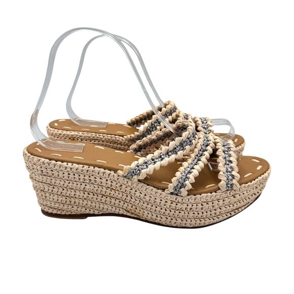 Carrie Forbes Said Raffia 3 Strap Neutral Gray Open Toe Espadrille Wedge Sandals - Picture 4 of 12